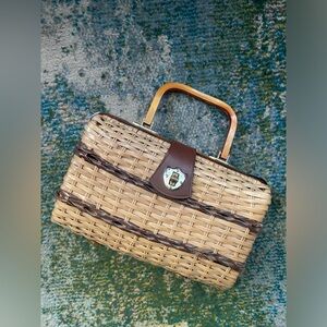 Vintage Shoe World woven plastic lucite top handle basket purse